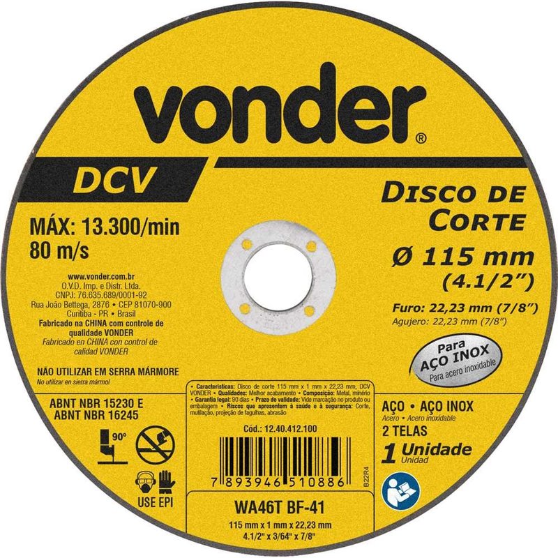 02 disco de corte 115x1 0x22 23mm dcv vonder