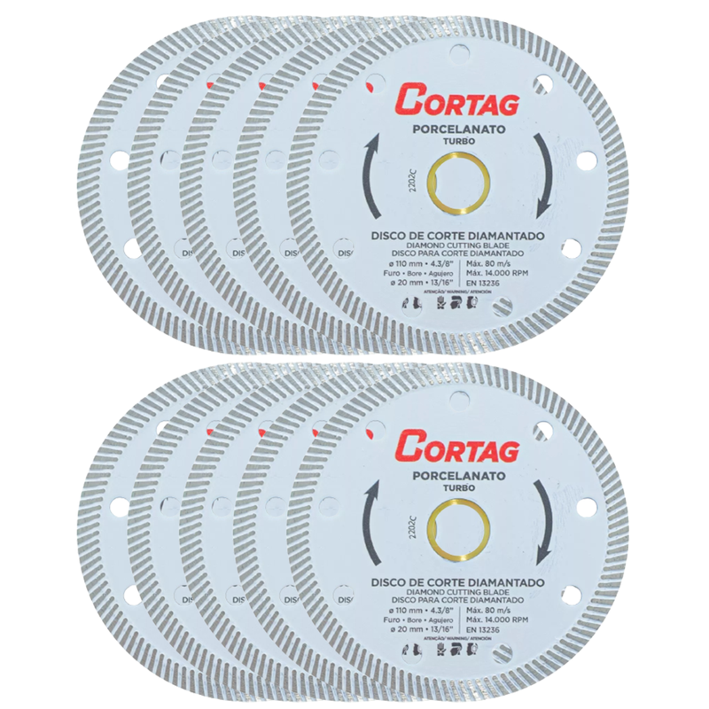01 kit com 10 discos de corte diamantado porcelanato 110mm cortag